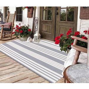BUAGETUP Grey and White Outdoor Rug 3'x 5' Hand-Woven Cotton Washable Rug Striped Front Porch Rug Machine Washable Indoor/Outdoor Area Rug Floor Mat for Farmhouse/Layered Door Mats/Living Room (4'11" x 2'11" (Rectangular)