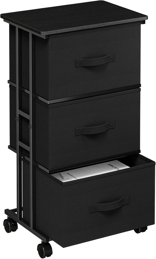 DUMOS Fabric Dresser 3 Drawer Storage Chest, Rolling Storage Tower, Black, 11.8"D x 16.7"W x 30.1"H