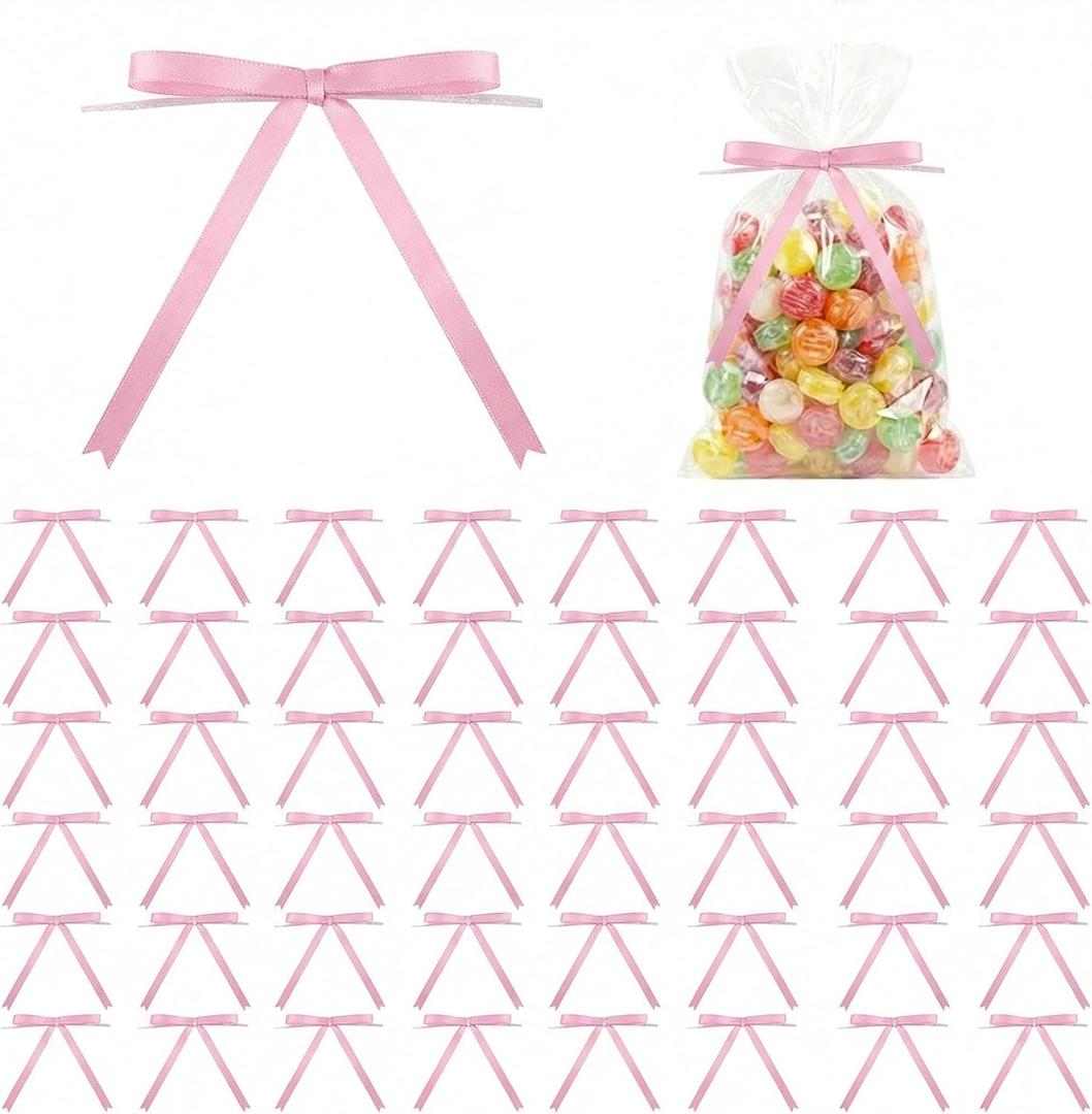 50 Satin Bows for Cake 5x7 inches, Twist Design for Easy Fixation, Suitable for Gift Wrapping, Christmas Trees, DIY Crafts, Party Home Decoration, Fade-Resistant and Reusable. (Pink) (Black)