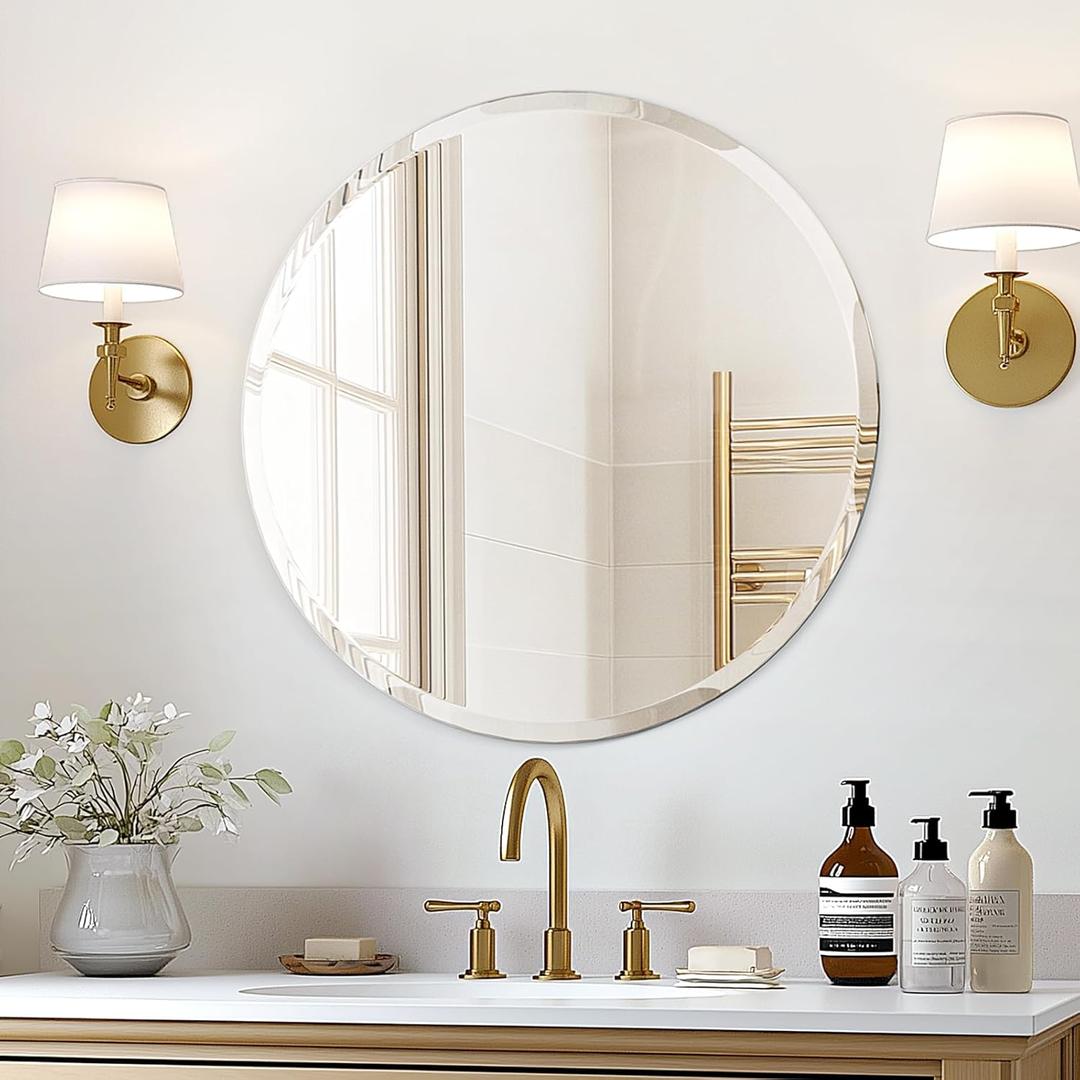 USHOWER Frameless Round Bathroom Mirror 24", Circle Vanity Mirror for Wall Decor, with Beveled Edge, for Bathroom, Living Room, Entryway, Modern & Elegant Look