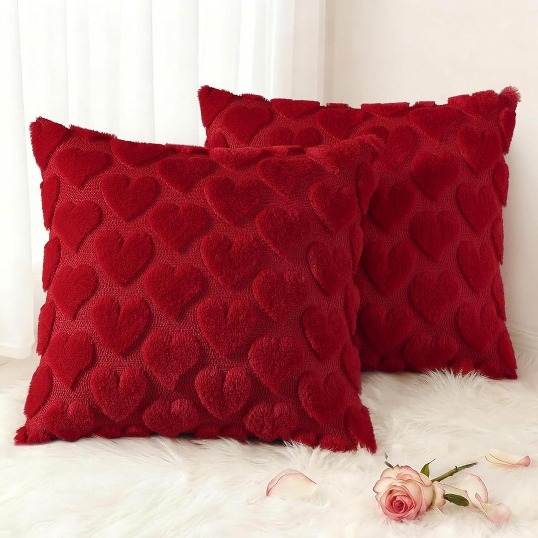 decorUhome Valentines Day Soft Plush Throw Pillow Covers 16x16 Inch Set of 2, Faux Fur Red Heart Decoration Neutral Square Pillow Covers for Couch Sofa Bed Cozy Farmhouse Holiday Decor