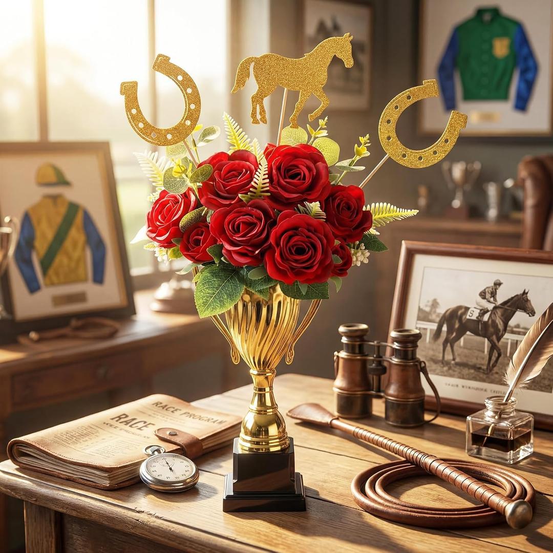 16 Pcs Large Derby Day Table Decorations 12 inch Horse Racing Party Centerpieces with Mental Trophy 2 Artificial Rose 10 Eucalyptus 3 Horse Sticks Derby Horsing Race Party Supplies Table Toppers