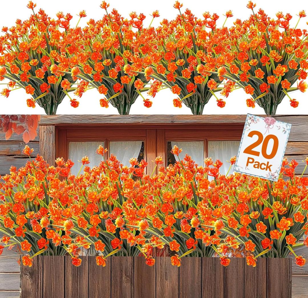 20 Bundles Artificial Fall Flowers for Outdoors Fall Thanksgiving Decorations-UV Resistant Fake Mums Faux Plants Plastic Flowers Greenery Home Porch Gardens Fireplace Patio Autumn Decor(Orange Red)