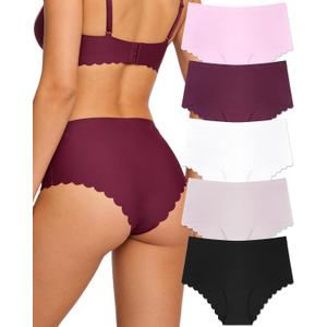 FINETOO Seamless Underwear for Women High Waisted Panties Scalloped Edge Sexy Cheeky Bikini No Show Briefs 5 Pack, L