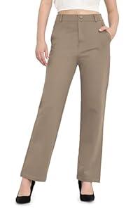 Balleay Art Women Straight Leg Dress Pants High Elastic Waisted Slacks Business Casual Work Office Trousers 27" DarkKhaki Medium