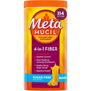Metamucil 4-in-1 Psyllium Husk GLP-1 Friendly Fiber Supplement, Sugar-Free, 114 teaspoons, Orange Flavored, Daily Fiber Powder for Digestive Health, made with Plant-Based Psyllium Husk Fiber
