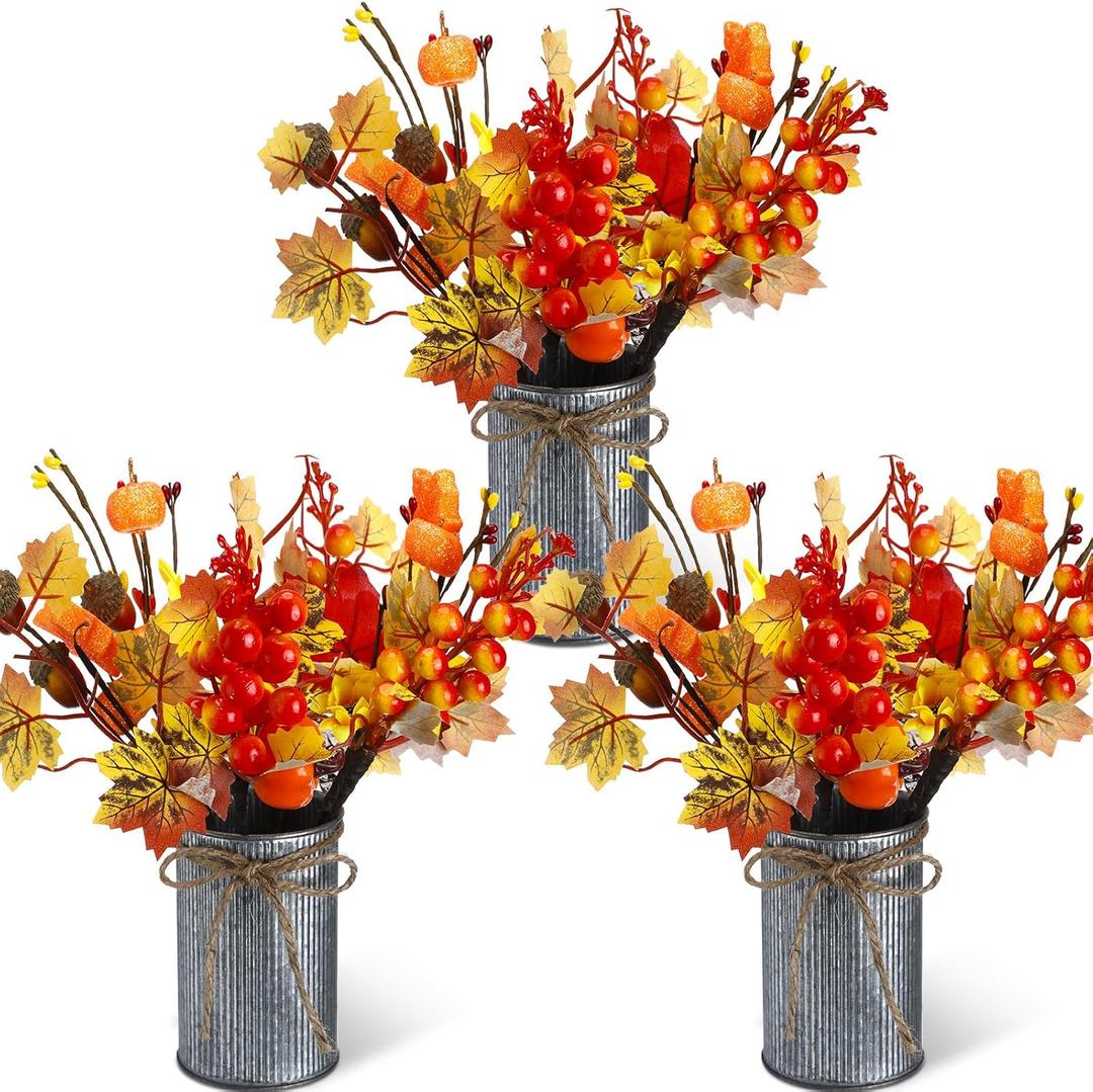 Zeyune 3 Sets Fall Thanksgiving Table Centerpiece Decoration Harvest Artificial Flower Stem Pumpkin Maple Berry Pick with Metal Pot for Autumn Rustic Farmhouse Home Kitchen Dining Indoor Decoration