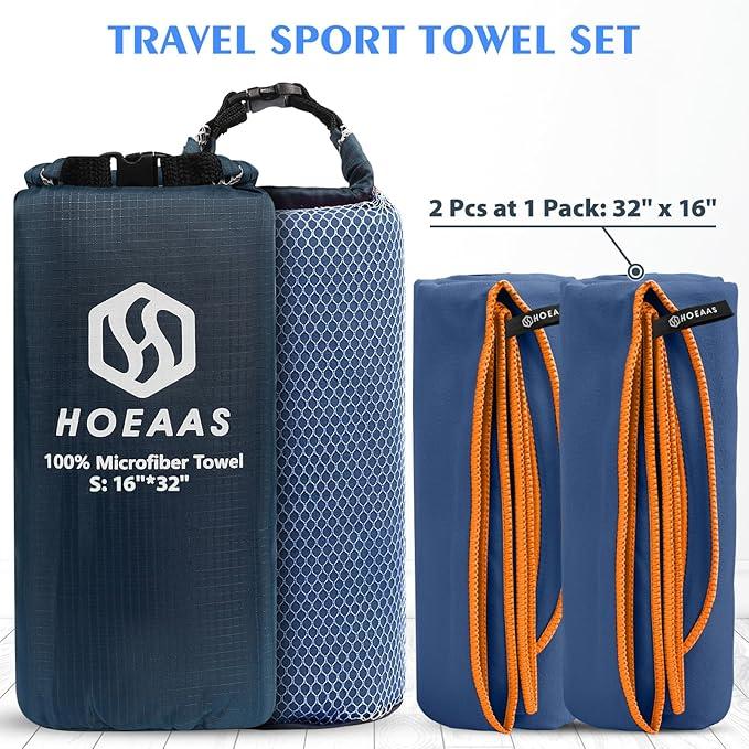 HOEAAS 2 Pack Microfiber Camping Towels, Quick Dry Towel, Super Absorbent Ultra Compact Travel Towel Soft Lightweight Sports Towel for Sweat Fast Drying Towels for Pool,Gym,Hiking,Backpacking,Fitness (S: 32" x 16" x 2, Navy Blue)