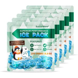 5 Packs Reusable Ice Packs for Lunch Boxes - 12+ Hour Cooling Ice Gel Pack for Camping, Beach, Office - Ice Packs for Cooler Bag, Cooler Backpacks (250 Grams)