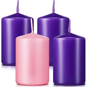 Amylove 4 Pcs 2 x 3 Inch Advent Pillar Candles Set Pink Purple Christmas Unscented Lasting Burning Church Candles for Advent Wreath Holiday Gifting