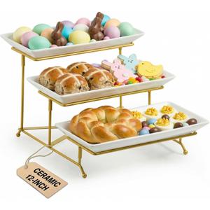 LAUCHUH 3 Tier Serving Tray, Porcelain Serving Platter Tier Serving Stand with Collapsible Sturdier Rack, Serving Trays and Platters Dessert Party Display Set for Easter, Gold, 12 Inch