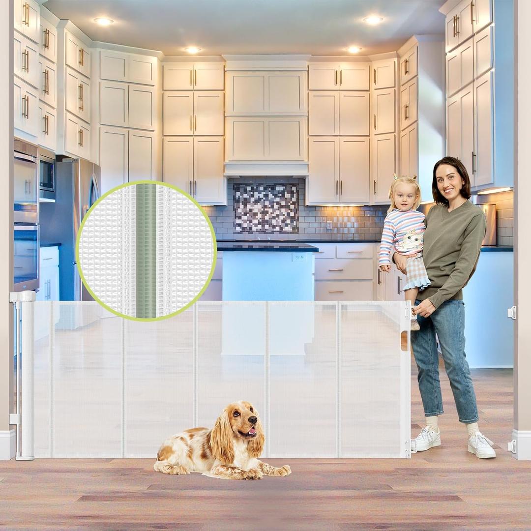 Reinforced 80 Inch Extra Wide Retractable Baby Gate with Reinforcement Strip Tall Retractable Dog Gate Mesh Outdoor Baby Gate for Decks Retractable Pet Gate Extra Long Baby Gate Extra Large Baby Gate (33" Tall x 80" Wide With Reinforced Bar , White)