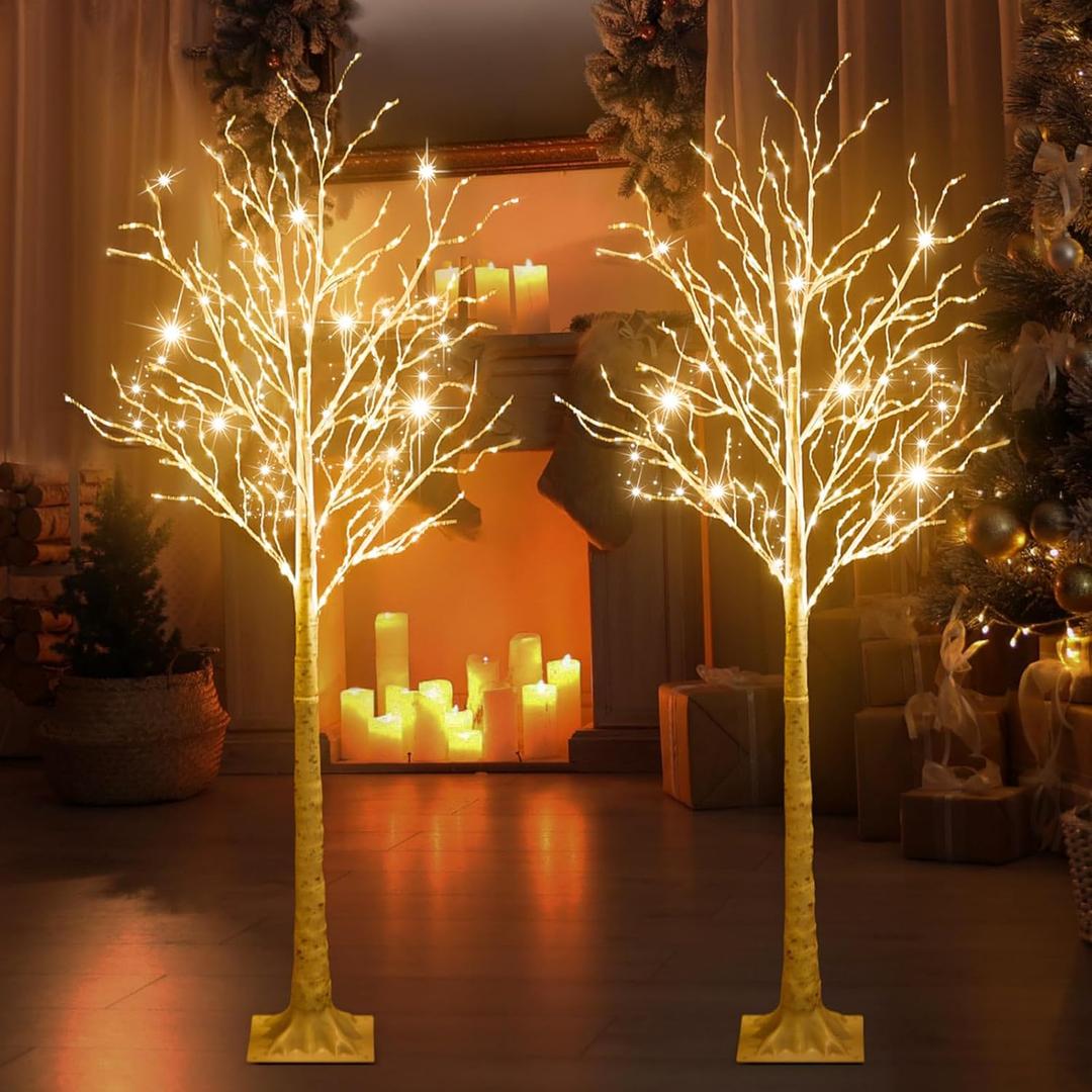 Aurelema 2 Pcs 6ft Lighted Birch Tree 8 Modes Christmas Artificial LED Warm White Lights Birch Tree for Indoor and Outdoor Home Decor Thanksgiving Holiday Decoration