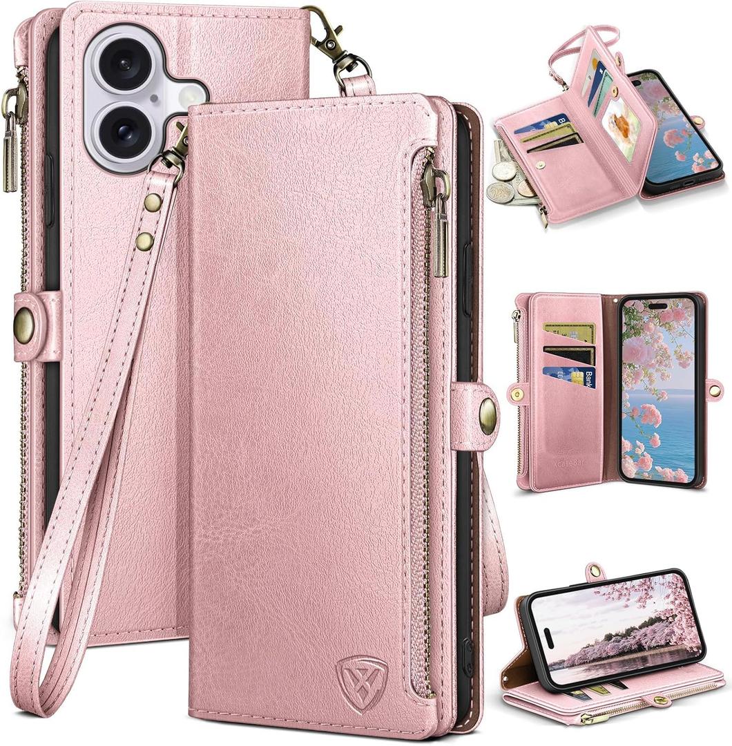 XcaseBar Compatible with iPhone 16 6.1" Wallet case with Zipper Credit Card HolderRFID Blocking,Flip Folio Book PU Leather Phone case Shockproof Cover Men Women for Apple 16 case Rose Gold