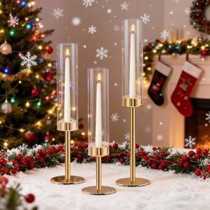Rose Gold Taper Candle Holder Set, 3pcs Glass Hurricane Tall Candlestick Holders, Vintage Candelabra, Premium Gift Set for Home Decor Aesthetic, Birthday Parties, Weddings & Christmas Decorations
