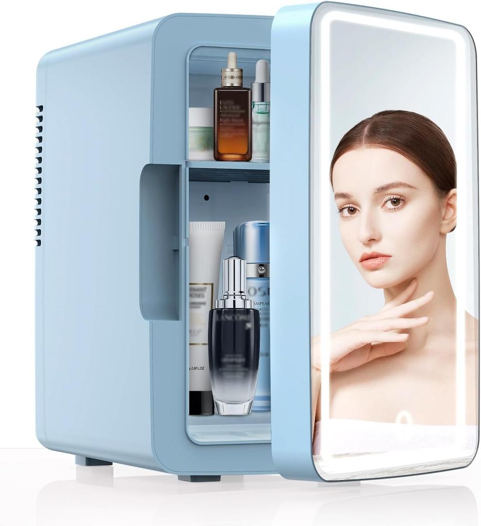 PERSONAL CHILLER 6L Skincare Fridge with LED Makeup Mirror, Mini Fridge Cooler and Warmer, Portable for Makeup, Skincare, Snacks, Bedroom Vanity, Blue