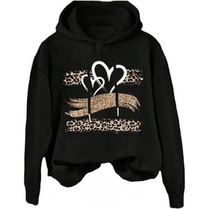 SweatyRocks Women's Cute Hoodies Long Sleeve Leopard Heart Graphic Sweatshirt Pullover Tops Fall Outfits (X-Large, Black)