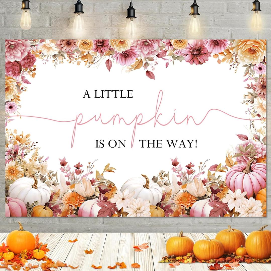 MEHOFOND 7x5ft Fall Pumpkin Baby Shower Backdrop for Girls A Little Pumpkin is On The Way Photography Background Autumn Pink Floral Thanksgiving Baby Shower Party Decoration Cake Table Banner