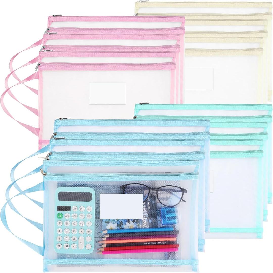 12 Pack Double Layer Mesh Zipper Pouch Bags 14.8 x 10.8 Inch Large Capacity Mesh Toy Storage Bags Colored Organizer Pouch with Handle for School Office and Home