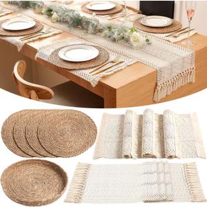 Boho Placemats 4/6/8 Set of Round Woven Placemat Macrame Style Bicolor Stitching Long Table Runner Farmhouse Rustic Natural Burlap Cotton for Kitchen Dining Table(4 Sets,Beige,12x72)