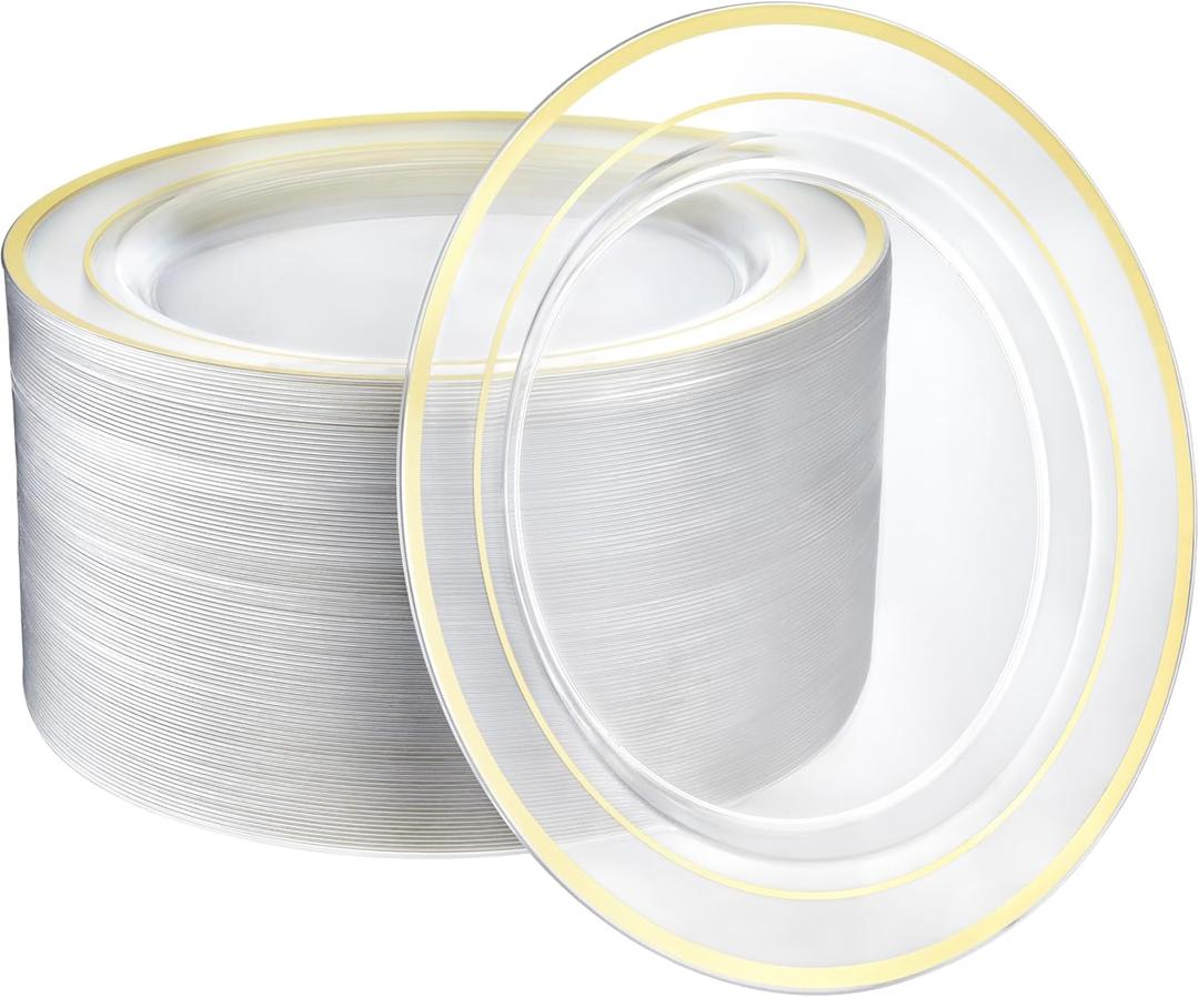 R-kay 100 Pack 10 Inch Clear And Gold Plastic Plates For Wedding - Sturdy Clear Gold Plastic Plates, Durable And Extra Heavy duty - Bulk Disposable Plates For Weddings