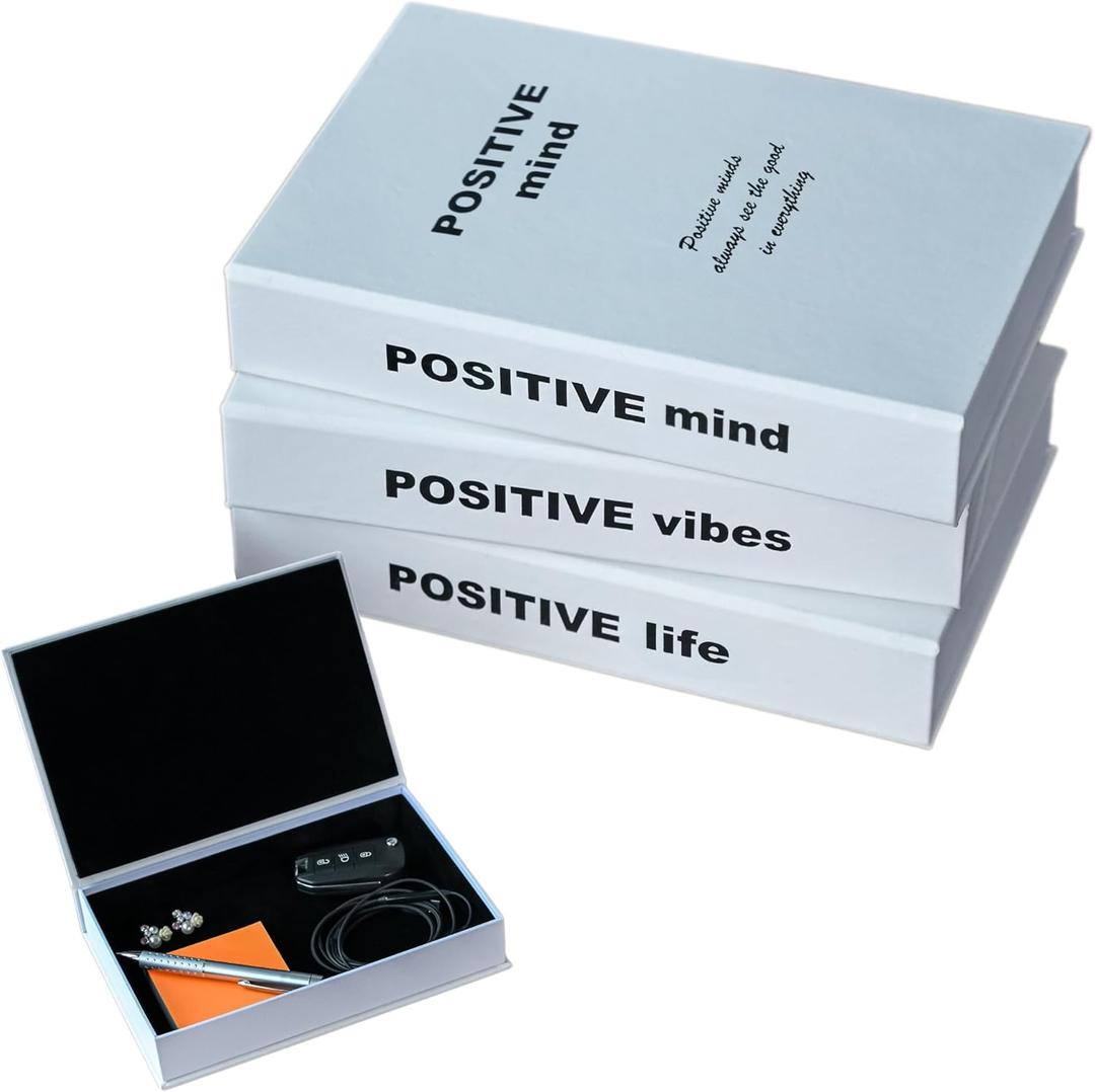Tadome Fake Books for Decoration & Hidden Storage - Set of 3 'Positive Mind, Vibes & Life' White PU Leather Decorative Book Boxes for Coffee Table Aesthetic, Modern Bookshelf Decor Accents
