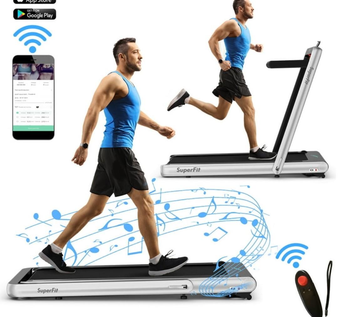SuperFit 4.75HP 2 In 1 Folding Treadmill W/Remote APP Control Silver