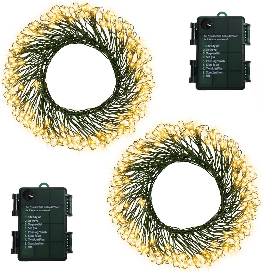 2 Pack Cluster Fairy Lights Battery, Total 20Ft 400 LED Christmas Lights with Timer 8 Modes, Dark Green Copper Wire Firecracker String Light for Xmas Tree Garland Decor (Warm White)