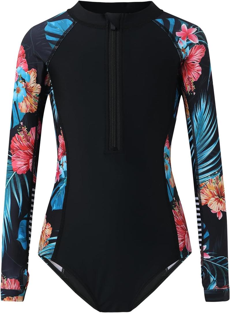 Girls Long Sleeve Rashguard Swimsuit UV Protection One-Piece Swimwear Bathing Suit (11-12 Years, Red Blue Print)