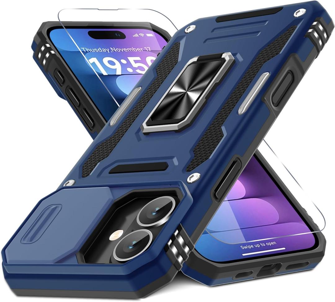 DEERLAMN Case for iPhone 16 Plus with Slide Camera Cover+Screen Protector (1 Pack), Rotated Ring Kickstand Military Grade Shockproof Protective Cover-Navy Blue