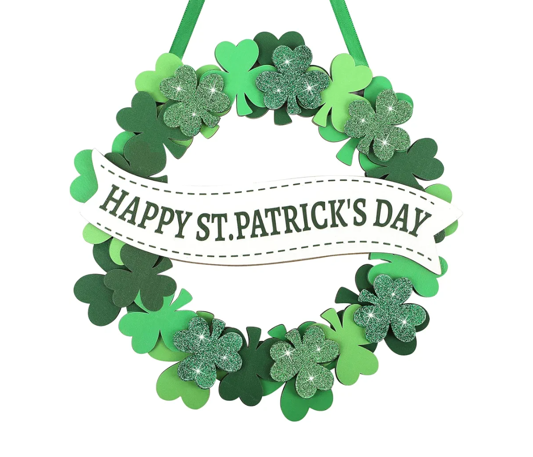 Wooden St. Patrick's Day Decoration Shamrock Door Wreath for Front Door Sign Wall Signs Clover Spring Decoration, Irish Sign Welcome Hanging for Home Decor Party Outdoor Indoor Supply 3D Glitter
