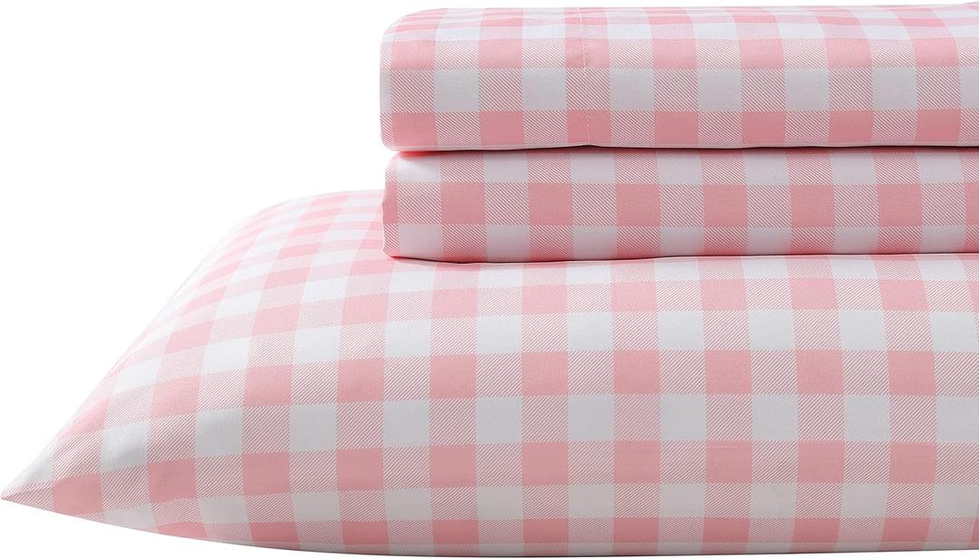 Eddie Bauer Kids - Twin XL Sheets, Stain-Resistant Toddler Bedding with Matching Sham(s), Super Soft, Ideal Pink Room Essentials (Poppy Plaid Pink, Twin XL)