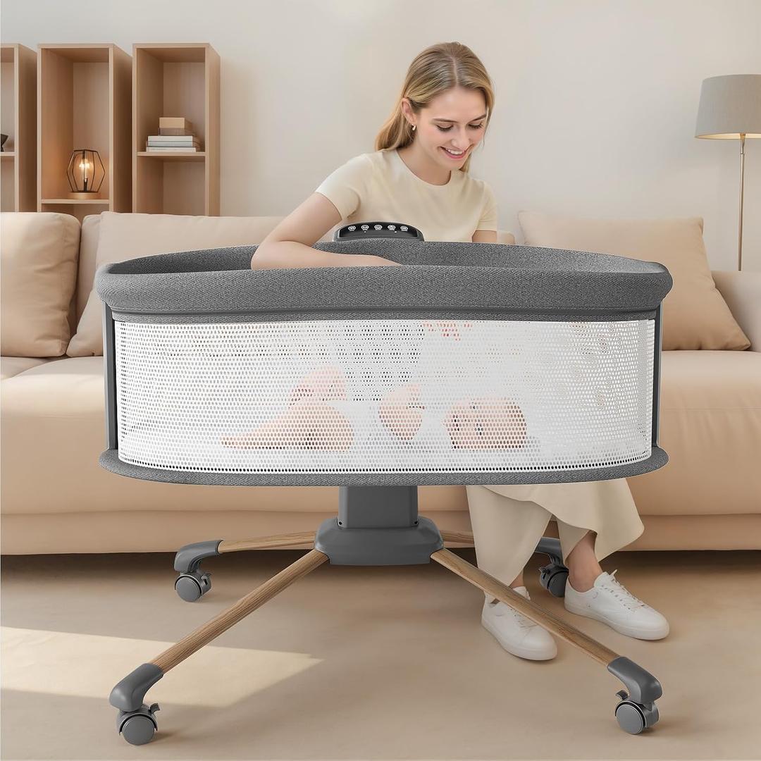 Electric Smart Soothing Baby Bassinet with 5 Rocking Speeds, 3 Timer Modes, 12 Soothing Musics, 3 Adjustable Heights, Breathable Mesh Sides and Mosquito Net (Grey)