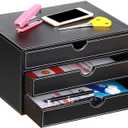 Ayunga Leather Desk Organizer with 3 Drawers, Executive Office Supplies Desktop Filing A4 File Cabinet/Holder,Stackable Storage Box for Jewelry/Bill/Documents/Makeup Home Decor Accessories(Black)