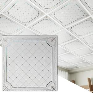 LooYee 24 PCS 2x2 Ft High-Strength Ceiling Tiles, 24x24 Inch Quilted Grid Ceiling Panels, Rigid PVC Waterproof Washable Cuttable Material Ideal for Living Room Basement Cover 96 Sq.Ft