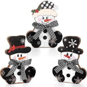 3 Pcs Christmas Wood Centerpieces for Tables Wooden Snowman Table Decor Rustic Merry Xmas Tabletop Signs Block Winter Desktop Decorations Indoor Tiered Tray Office Desk Shelf Home Mantel Holiday Party (Large, Black and White)