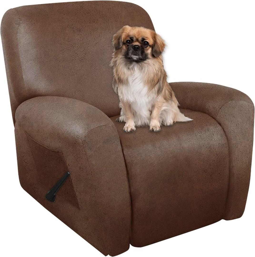 Recliner Chair Covers Leather Like, 4 Pieces Lazy Boy Recliner Cover, Furniture Protector - Washable Soft Sofa Slipcover for Pets Kids (Brown) (1 Seater)