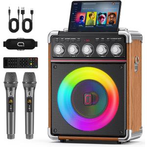 Karaoke Machine for Adults with 2 Wireless Microphones, Portable Bluetooth 5.3 Speaker with Bass/Treble/Echo Adjustment, PA System with Remote Control, Supports TWS/TV/TF Card/USB/AUX (Wood)