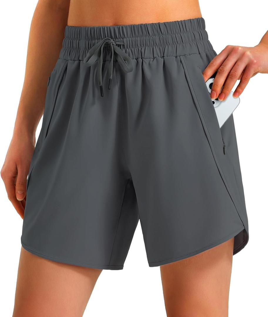 Ksmien Women's 5"/ 7" Athletic Running Shorts Quick Dry Lightweight Workout Gym Shorts with Zipper Pockets UPF 50+ (Black, L)