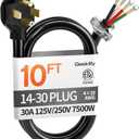 10 ft 4 Prong Dryer Cord, 30Amp 10 Gauge Dryer Power Cord Replacement, Pure Copper 4-Wire Dryer Cord with NEMA 14-30P Plug and O-Ring Terminals, 250V 7500W, ETL Listed, Black STW