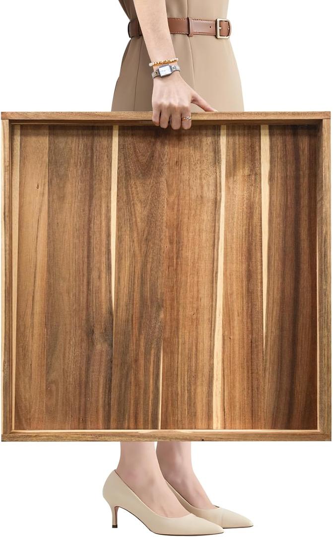 MAONAME Extra Large Square Ottoman Tray, 24" Acacia Wood Serving Tray for with Handles, Farmhouse Wooden Decorative Trays, Coffee Table Trays for Living Room, Countertop, Charcuterie