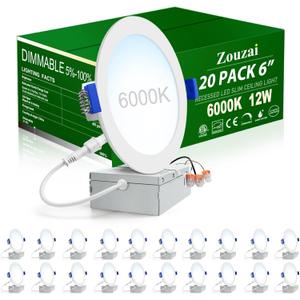 zouzai 20 Pack 6 Inch Ultra-Thin LED Recessed Ceiling Light with Junction Box 6000K Cool White Adjustable Dimmable Can-Killer Downlight - ETL and Energy Star Certified