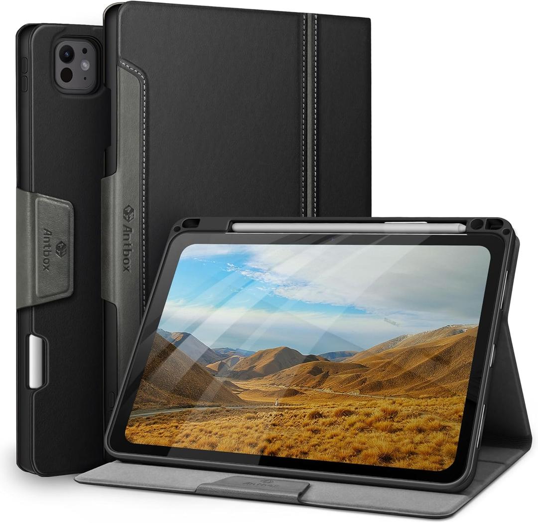 Antbox for iPad Pro 11 Inch Case M5 2025/M4 2024, Built-in Pencil Holder, Fully Supports Pencil Pro/USB-C, Auto Sleep/Wake Function Vegan Leather (Black)