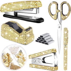 Yunlly 3 Pack Bling Office Stationery Set Desk Accessory Office Set Includes Pen Scissor Stapler Staple Remover 1000 Pcs Staples Tape Dispenser with Diamond Inlay for Home Desk(Gold)