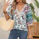 IRISGOD Womens 3/4 Length Sleeve V Neck Tops Dressy Casual Chiffon Blouse Summer Floral Bohemian 2025 Tredny Shirts (L)