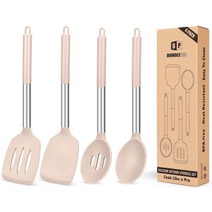 Pack of 4 Silicone Cooking Utensils Set, Non Stick Large Solid Spatulas, Heat Resistant Stainless Steel Khaki Slotted Spoons, Ideal BPA Free Kitchen Turners for Frying, Mixing,Serving,Draining,Turning