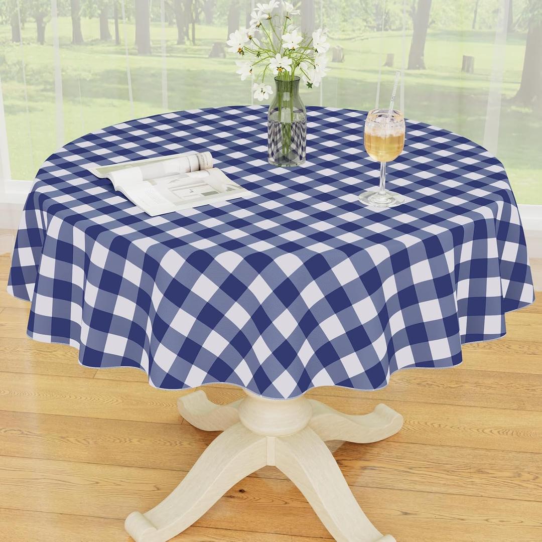 Smiry Plastic Table Cloth, Waterproof Vinyl Tablecloth with Flannel Backing, Wipeable Buffalo Plaid Table Cover for Picnic, Indoor and 4th of July, Independence Day (Navy & White, 60" Round)