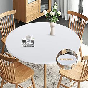 Obstal Fitted Round Table Cloth, Reversible Waterproof Stain Resistant Elastic Stretch Tablecloth, Wipe Clean Table Cover for Outdoor/Indoor Use, Fits Round Tables up to 48" - 56" Diameter, White