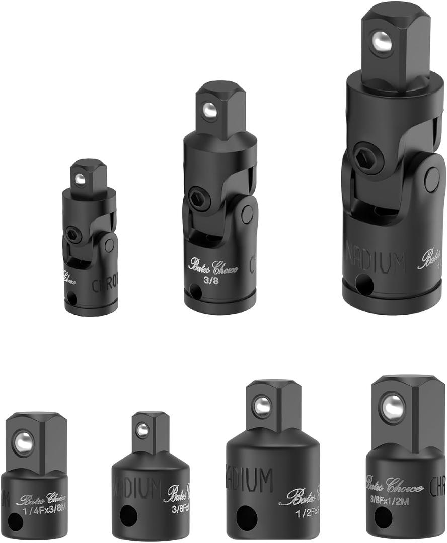 Bates- Universal Joint Socket Adapter and Reducer Set, 7 pcs, 1/2" 1/4" 3/8" Universal Joint Socket Set, Impact Adapter Set, Impact Swivel Socket Set, Impact Socket Adapter Set (Black)