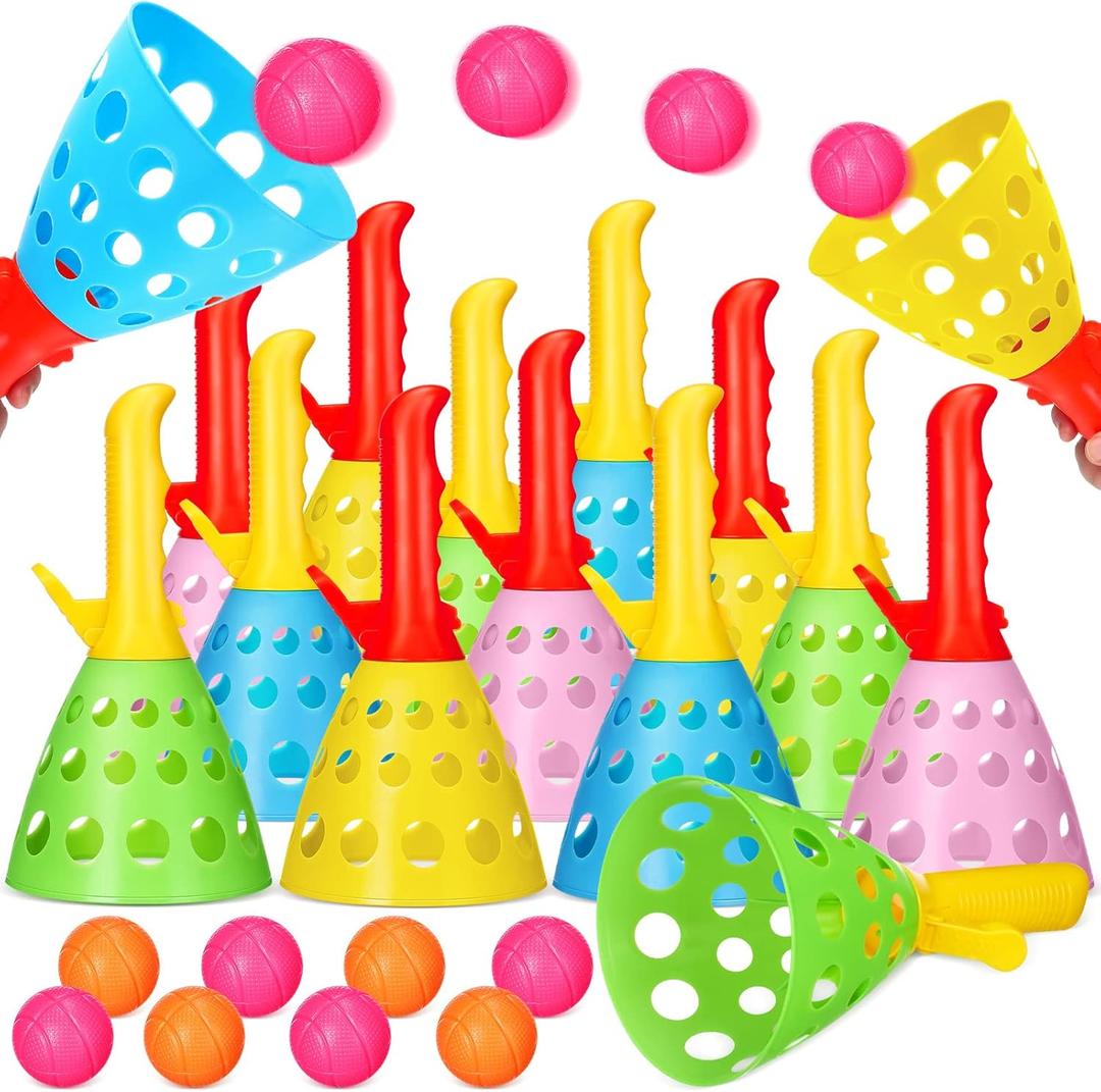 Jerify 30 Pcs Pop Pass Catch Ball Game Outdoor Indoor Games Toys for Kids with 12 Catch Launcher Baskets and 18 Balls Beach Sport Outdoor Activities for Summer Party Favor Gift Age 6 7 8 10 12+